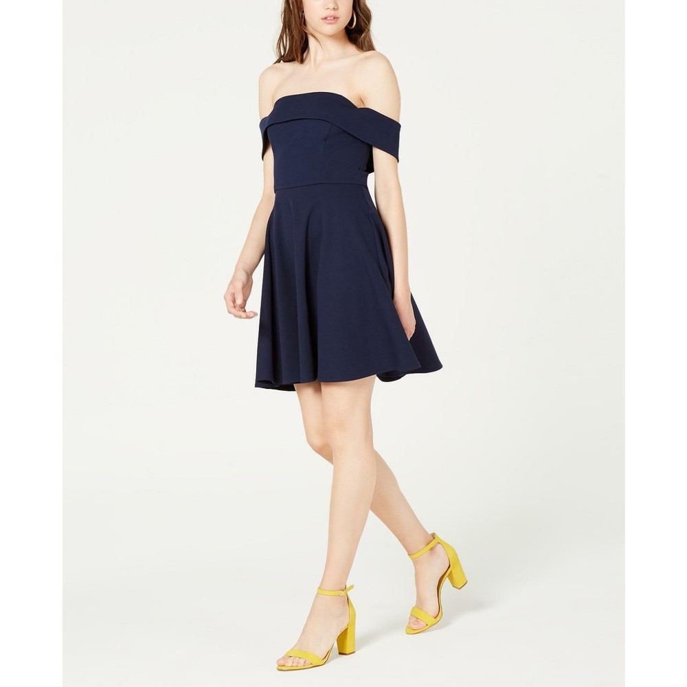 City Studios Juniors Blue Off The Shoulder Fit & Flare Tie Bow Party Dress 0